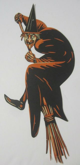 Scarce Vintage Halloween Die - Cut Witch On Broom Stick Size 12 1/2 " Long