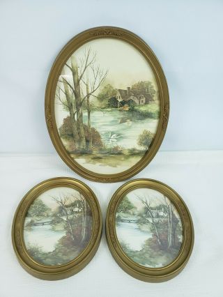 Vintage 1980s Oval Framed Print F.  Massa Country Cottage House And Swan On Lake