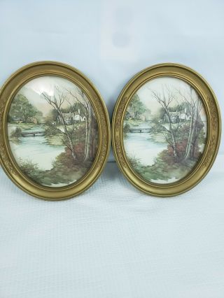 Vintage 1980s Oval Framed Print F.  Massa Country Cottage House and Swan on Lake 3