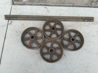 Set Of 4 Vintage 5 Inch Cast Iron Wheels With Axels Hit Miss Cart Platform Scale