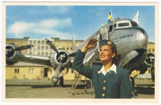 Postcard Stockholm Bromma Airport Sas Scandinavian Douglas Dc - 4 Aviation Airways