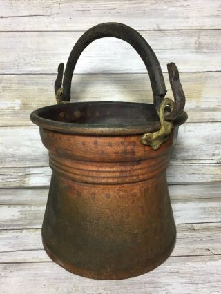 Vtg Copper Apple Butter Kettle Cauldron Wrought Iron Handle Brass Hammered Pot