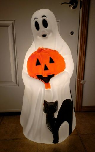 Vintage 34 " Lighted Halloween Blow Mold By Empire Ghost W/ Pumpkin & Black Cat