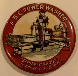 Antique Celluloid Pocket Mirror Advertising Abc Power Washer - Parisian Novelty