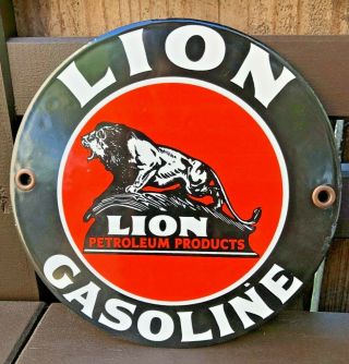 Vintage Lion Gasoline 6 " Porcelain Enamel Sign Gas Oil Pump Station Petroleum