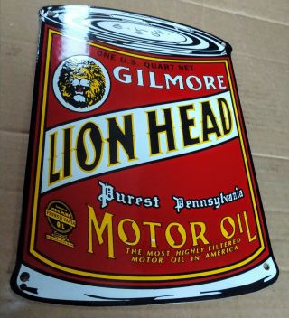 Lion Head Can Oil Gas Gasoline Porcelain Advertising Sign