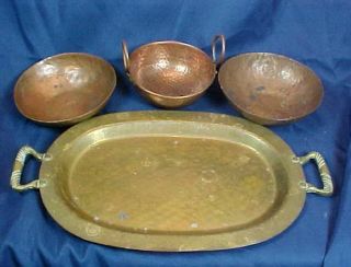 Vintage Brass Platter With Handles 3 Copper Bowls Hand Hammered Design