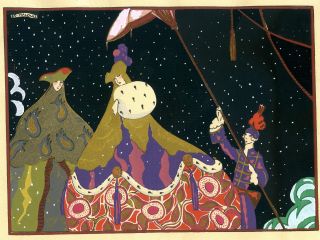 1930s French Pochoir Print Edouard Halouze Art Deco Princess Prince Fairy Tales