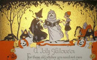 Early Rust Craft Halloween Greeting Card Seleton Witch Goblin Elf Casting Spells