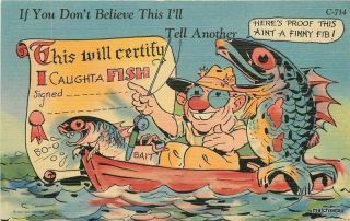 1940s Ray Walters Fishing Exaggeration Humor Teich Linen Postcard 6163
