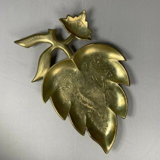 Vintage Brass Leaf Trinket Tray India Boho Bohemian Jewelry Key Dish Etched