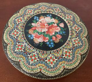 Vintage Tin Container Cookie Biscuit Embossed 8 " Round Mosaic Holland