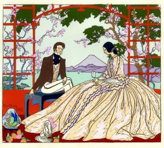 1930s French Pochoir Max Ninon Print Art Deco Victorian Couple Courtship Lovers