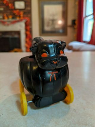 Vintage Rosbro Rosen Halloween Pumpkin Black Cat On Wheels Candy Container Rare