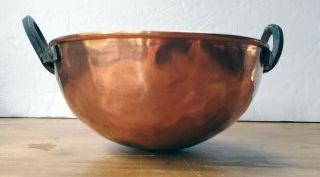 Antique/vintage Handmade Hammered Copper Bowl Wrought Iron Handles Kitchen Decor