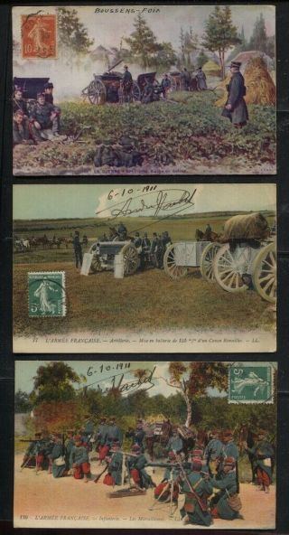 France 1911 / 1918 3 Color Postcards Showing French Soldiers In The Field