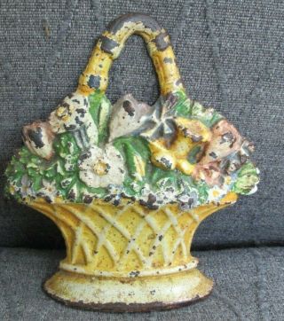Vintage Cast Iron Flower Basket Door Stop Daffodils / Spring Bouquet