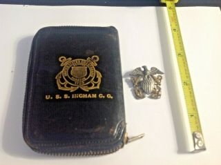 Ww2 U.  S.  Navy Officers Sterling Silver Hat Badge & Uscg Cowhide Wallet