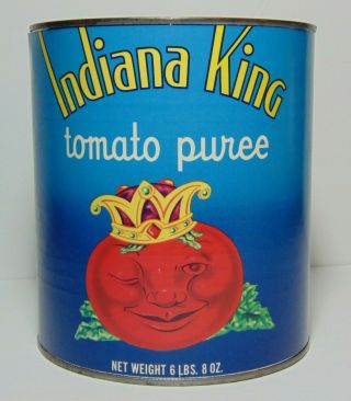Large Old Vintage 1960s Indiana King Tomato Puree Graphic Tin Can Hobbs Indiana