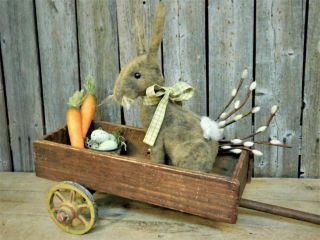 Primitive Old Wood Toy Wagon Full W/ Bunny Rabbit Doll Spring Decor