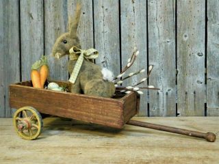 Primitive Old Wood Toy Wagon Full w/ Bunny Rabbit Doll Spring Decor 2