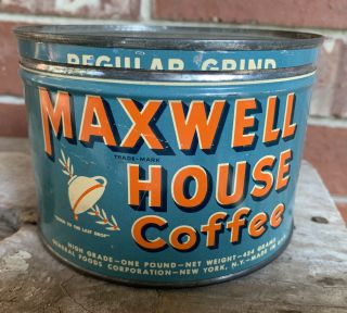 Vintage Maxwell House Coffee 1 Lb.  Tin /can/ Lid General Foods York 1940s?