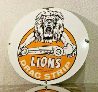 Vintage Lion Racing Drag Strip Porcelain Gas Hot Rod Service Station Pump Sign