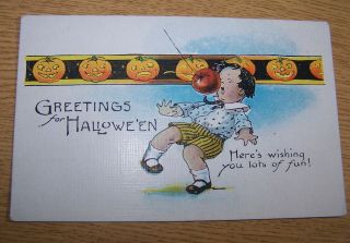 Vtg Halloween Greetings Postcard Pumpkins Little Boy Apple On String Unposted