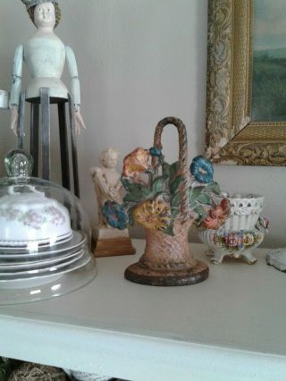 Antique Cast Iron Doorstop Hubley Petunias & Daisies Vintage Paint