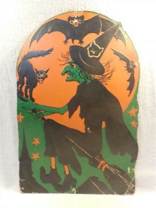 Vintage 1930s Beistle Halloween Witch Bat Black Cat Cardboard Decoration 18 1/2 "