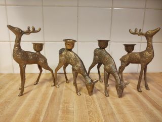 Set Of 4 Vintage Brass Deer Buck & Doe Figures Candle Holders,  Candlesticks