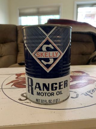 Vintage Ribbed Metal Skelly Ranger 1 Quart Motor Oil Can Sae 20 - Full -