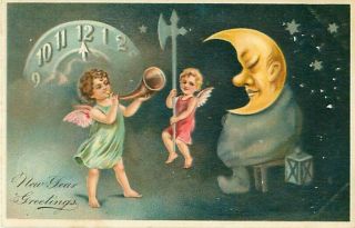 Year Greetings Angel Blow Horn Moon Sleep Paul Finkenrath Unposted Postcard