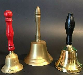 Vintage Brass Metal School Bells Set Of 3 Tallest 7 1/4 " 1 Solid Brass 2 Wood H