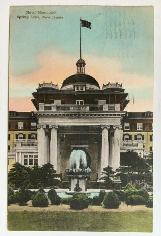 1942 Nj Postcard Spring Lake Hotel Monmouth Fountain Flag Albertype Hand - Colored