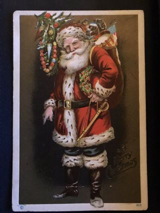 Santa Claus American Flag Sword Ribbon Toys Patriotic Christmas Postcard - A935