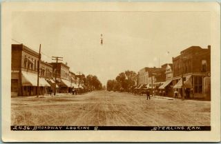 Sterling Kansas Rppc Photo Postcard " Broadway Looking North " W/ 1908 Cancel