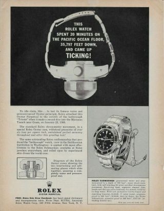 1963 Rolex Submariner Chronometer Watch Pacific Ocean Vintage Print Ad