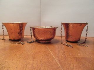 Vintage Set 3 Copper Brass Hand Hammered Metal Hanging Planter Pot Bowl Vase Euc