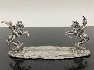 Vtg Fine Pewter Dueling Roman Knights In Armor On Horses Figurine