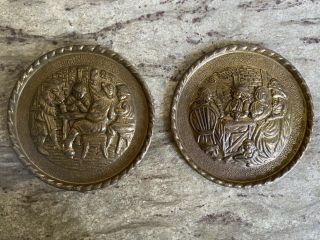 Vintage Set Of Hammered Brass Wall Plates - - Old English Pub Scenes 8.  5”