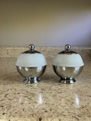 Chase Two Stainless Steel Art Deco Style Lidded Sugar Bowls With Glass Insert