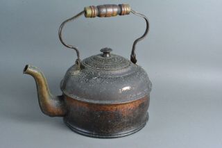 Antique HUGE Copper Tea Kettle Turned Wood Handle Primitive Farmhouse Country 3