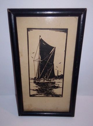 Antique Sailboat Woodblock Print Sail Boat Wood Block Maritime Art Vintage