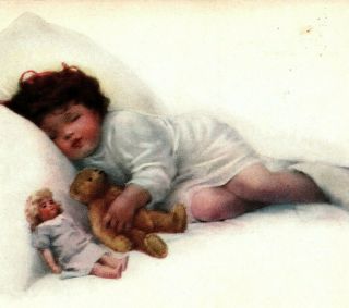 C 1907 Guttman Postcard Bessie Pease Love Sleeping Toddler Teddy Bear Doll