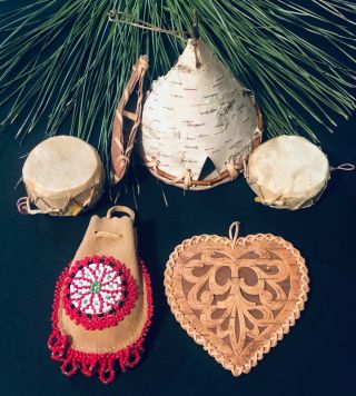 Native American Hand Made Wooden/leather Christmas Ornaments