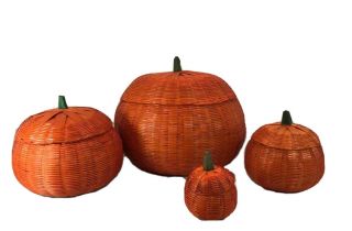 4 Orange Sea Grass Style Wicker Pumpkin Lidded Baskets Fall Autumn Thanksgiving