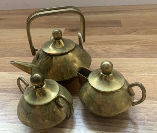 Vtg Mini Brass Teapot Tea Kettle Sugar Creamer 3 Piece Set