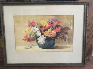 Vintage Wood Art Deco Framed Floral Flowers In Vase Still Life Print 12 X 15.  5
