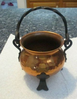 Small Beaten Copper Cauldron Wrought Iron Legs And Handle - German Made